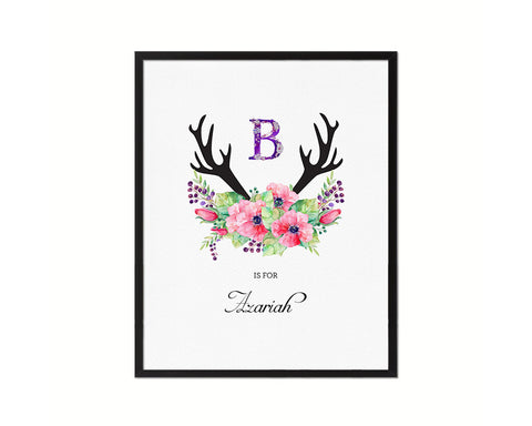 Initial Letter B Watercolor Floral Boho Monogram Art Framed Print Baby Girl Room Wall Decor Gifts