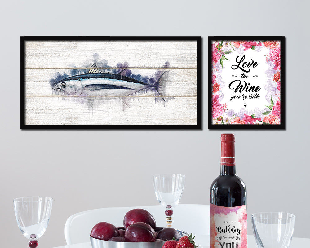 Albacore Tuna Fish Art Wood Framed White Wash Restaurant Sushi Wall Decor Gifts, 10" x 20"