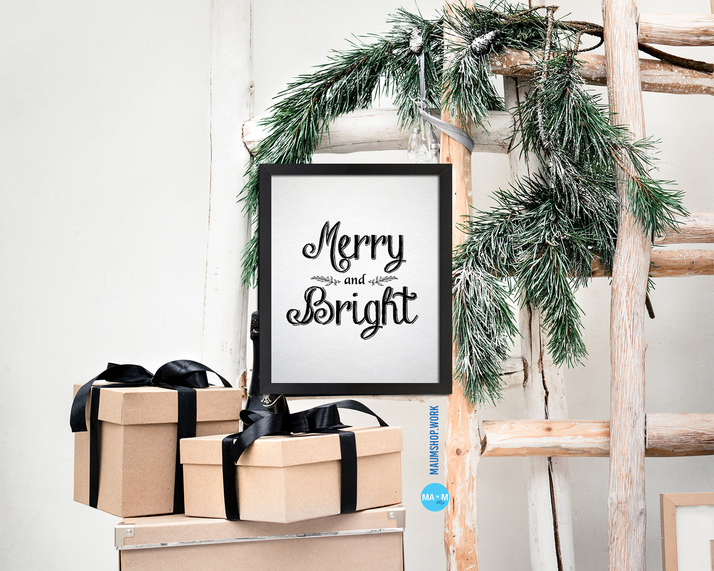 Merry and Bright Holiday Season Gifts Wood Framed Print Home Decor Wall Art