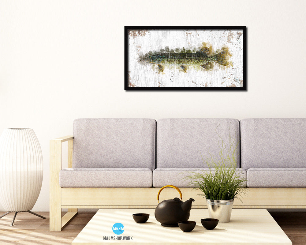 Pike Fish Art Wood Frame Shabby Chic Restaurant Sushi Wall Decor Gifts, 10" x 20"