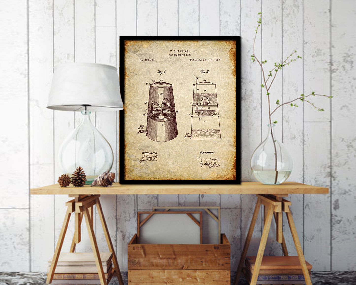 Tea or Pot Coffee Vintage Patent Artwork Walnut Frame Print Wall Art Decor Gifts