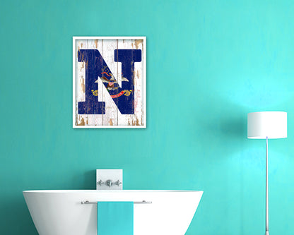 North Dakota State Initial Flag Wood Framed Paper Print Decor Wall Art Gifts, Beach
