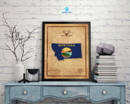 Montana State Vintage Map Wood Framed Paper Print  Wall Art Decor Gifts