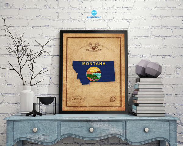 Montana State Vintage Map Wood Framed Paper Print  Wall Art Decor Gifts