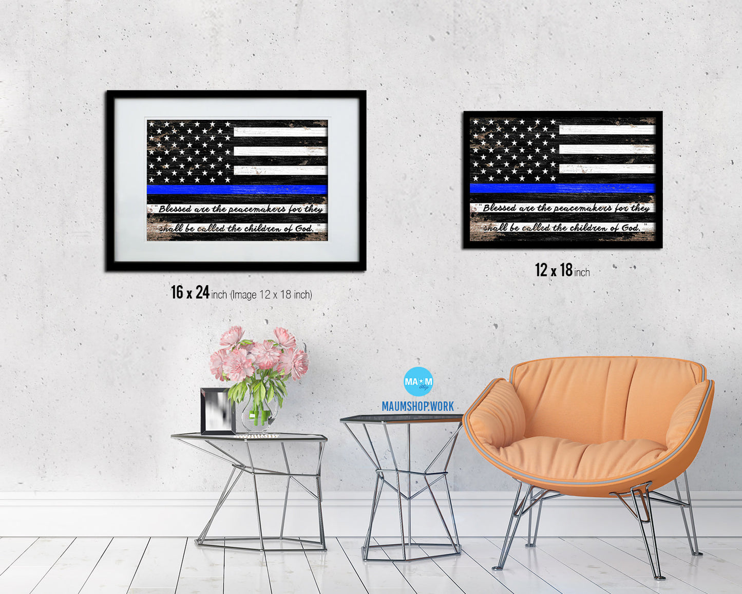 Thin Blue Line Honoring Law Enforcement American, Mathew 5-9 Shabby Chic Military Flag Framed Print Art