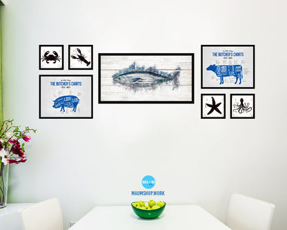 Skipjack Tuna Fish Art Wood Framed White Wash Restaurant Sushi Wall Decor Gifts, 10" x 20"