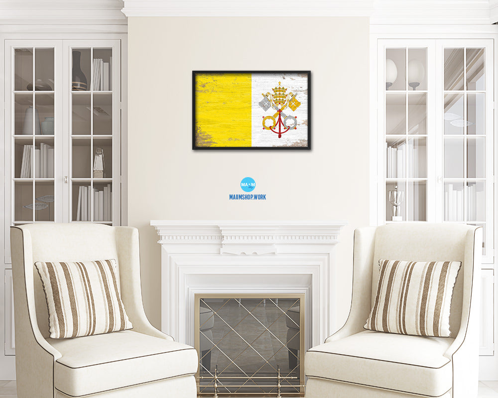 Vatican City Shabby Chic Country Flag Wood Framed Print Wall Art Decor Gifts