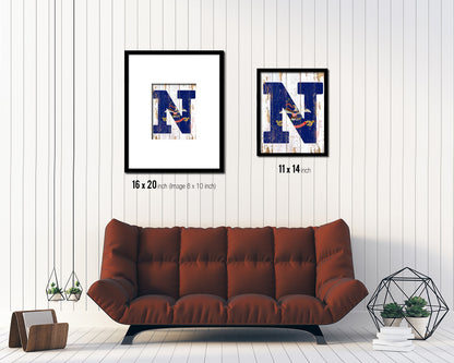 North Dakota State Initial Flag Wood Framed Paper Print Decor Wall Art Gifts, Beach