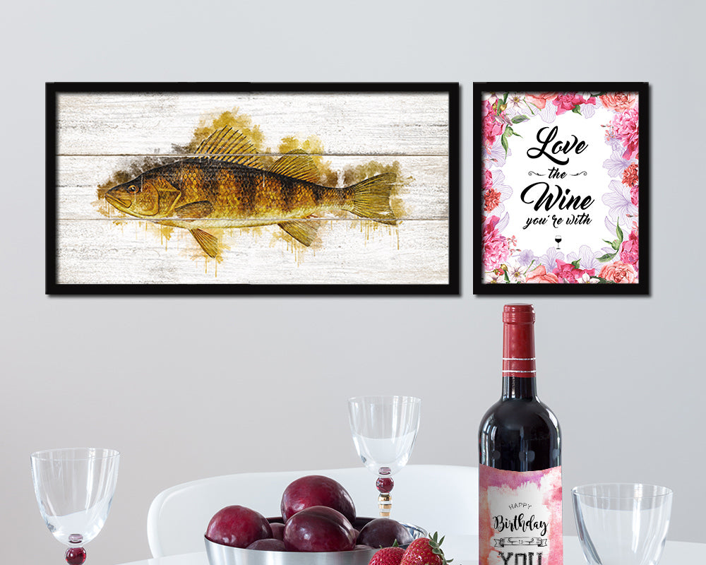 Yellow Perch Fish Art Wood Framed White Wash Restaurant Sushi Wall Decor Gifts, 10" x 20"