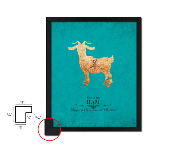 Ram Chinese Zodiac Character Black Framed Art Paper Print Wall Art Decor Gifts, Aqua