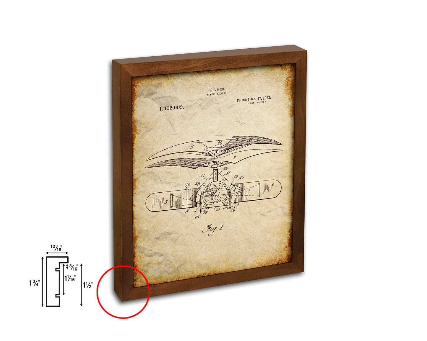 Flying Machine Airplane Vintage Patent Artwork Walnut Frame Print Wall Art Decor Gifts