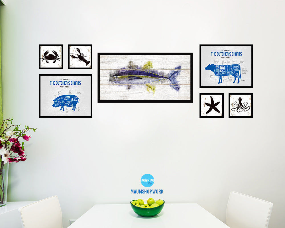 Yellowfin Fish Art Wood Framed White Wash Restaurant Sushi Wall Decor Gifts, 10" x 20"