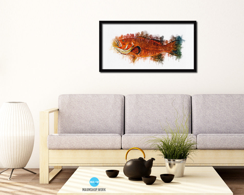 Red Grouper Fish Art Wood Frame Modern Restaurant Sushi Wall Decor Gifts, 10" x 20"
