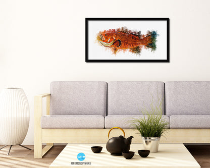 Red Grouper Fish Art Wood Frame Modern Restaurant Sushi Wall Decor Gifts, 10" x 20"