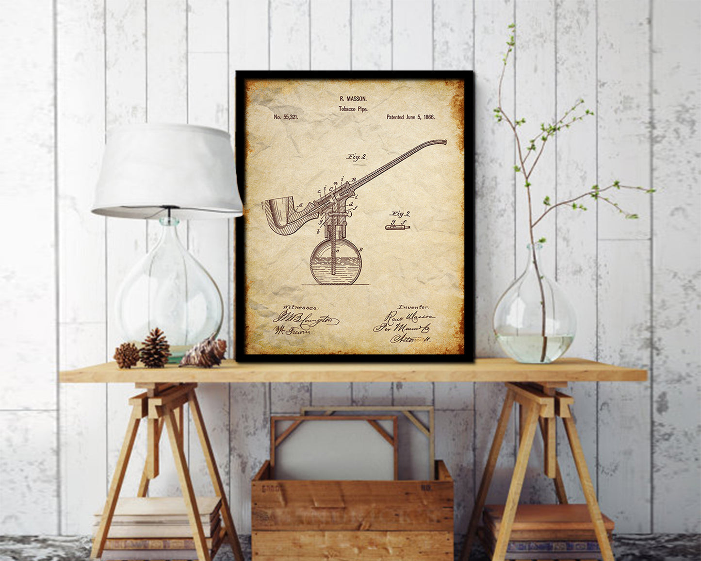 Pipe Tobacco Vintage Patent Artwork Walnut Frame Print Wall Art Decor Gifts