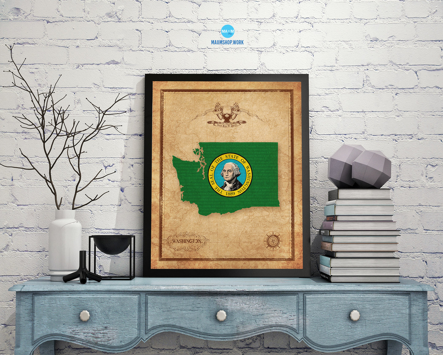 Washington State Vintage Map Wood Framed Paper Print  Wall Art Decor Gifts