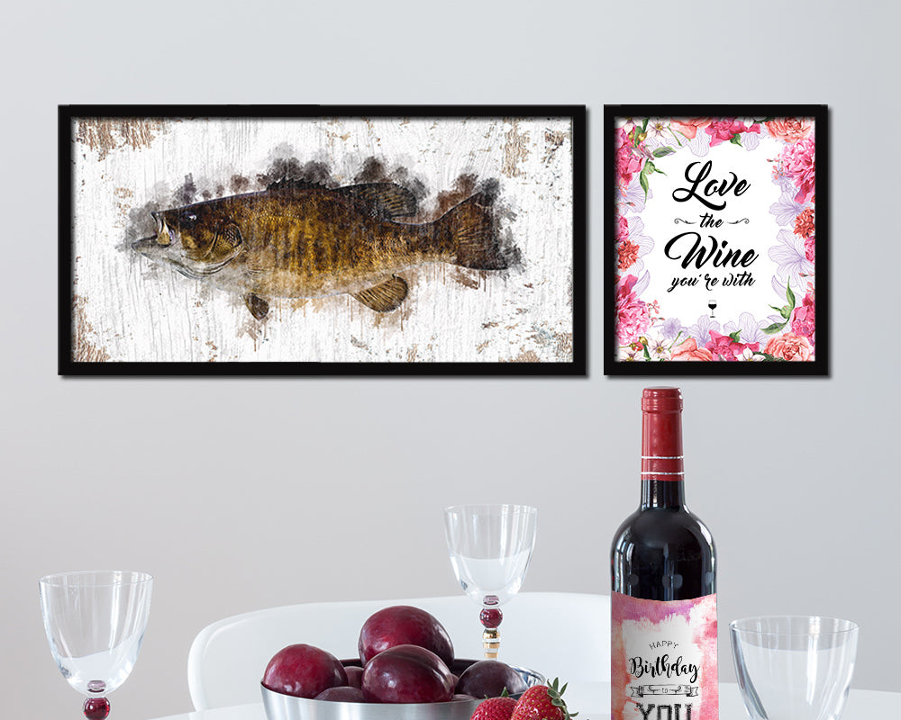 Smallmouth Bass Fish Art Wood Frame Shabby Chic Restaurant Sushi Wall Decor Gifts, 10" x 20"