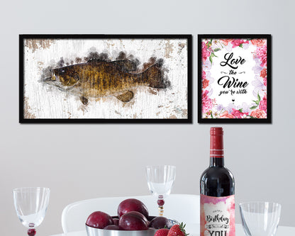 Smallmouth Bass Fish Art Wood Frame Shabby Chic Restaurant Sushi Wall Decor Gifts, 10" x 20"