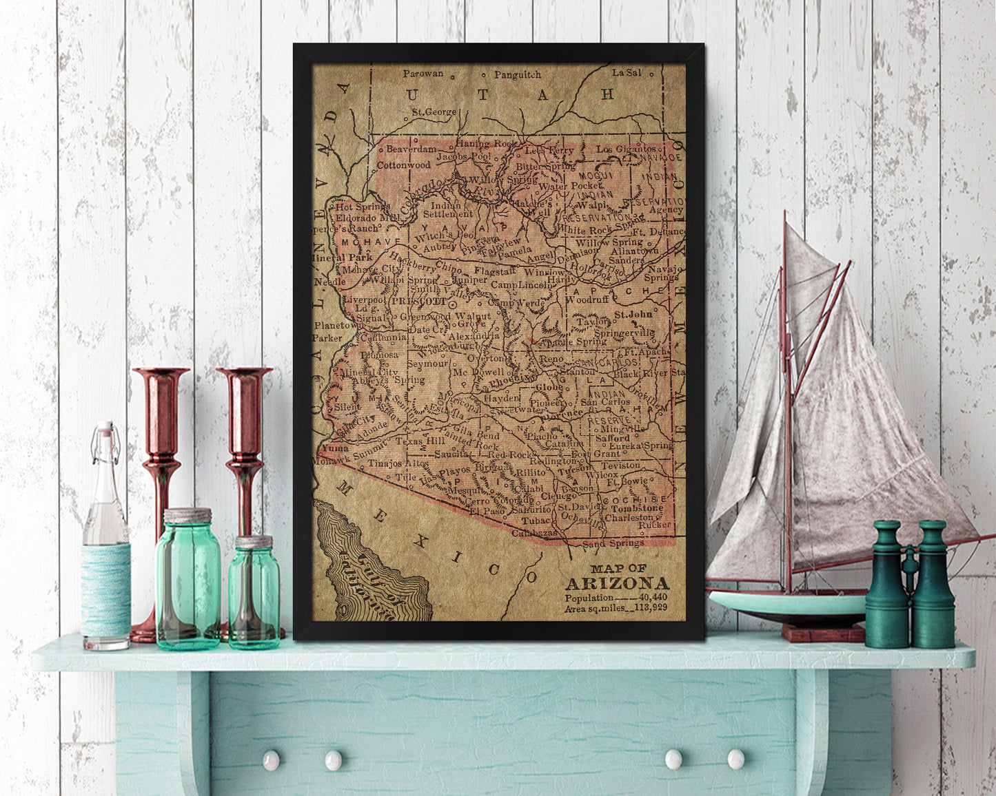 Arizona Circa Historical Map Wood Framed Print Art Wall Decor Gifts