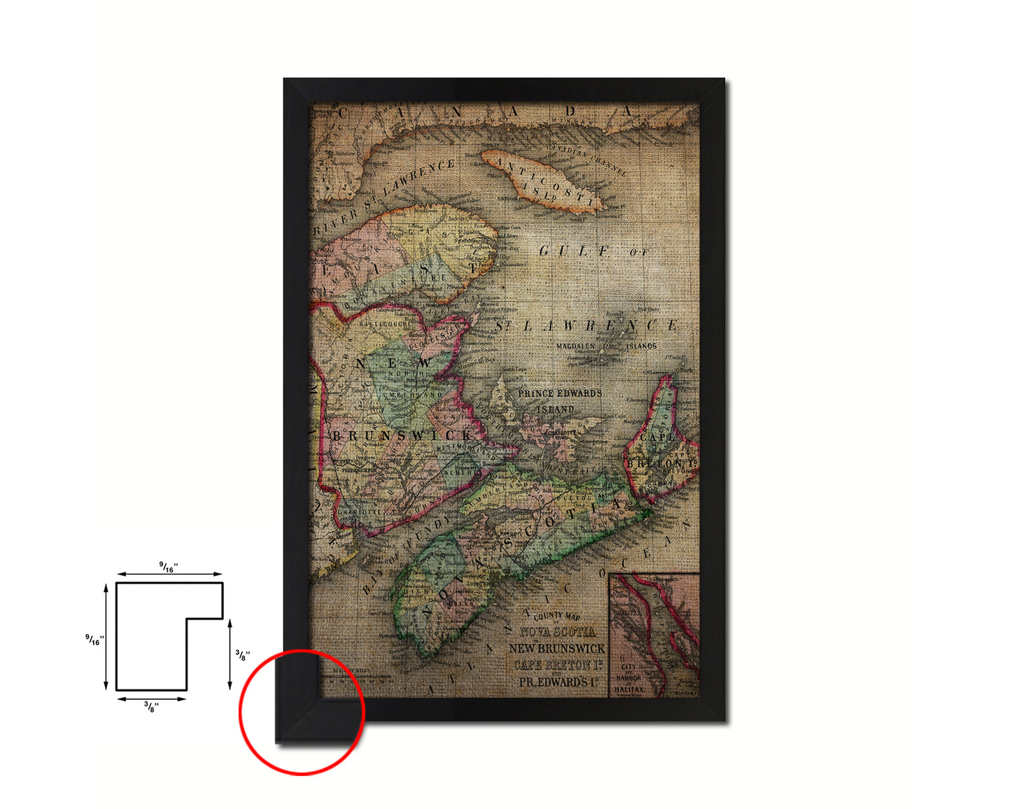 Nova Scotia New Brunswick Canada Vintage Map Wood Framed Print Art Wall Decor Gifts