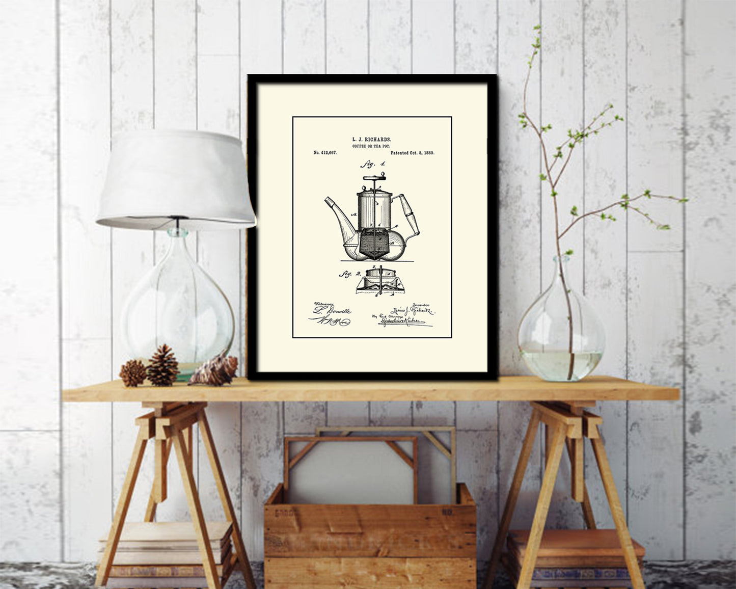 Tea Pot Coffee Vintage Patent Artwork Black Frame Print Wall Art Decor Gifts