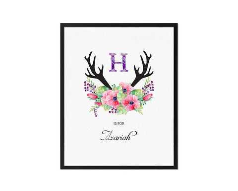 Initial Letter H Watercolor Floral Boho Monogram Art Framed Print Baby Girl Room Wall Decor Gifts