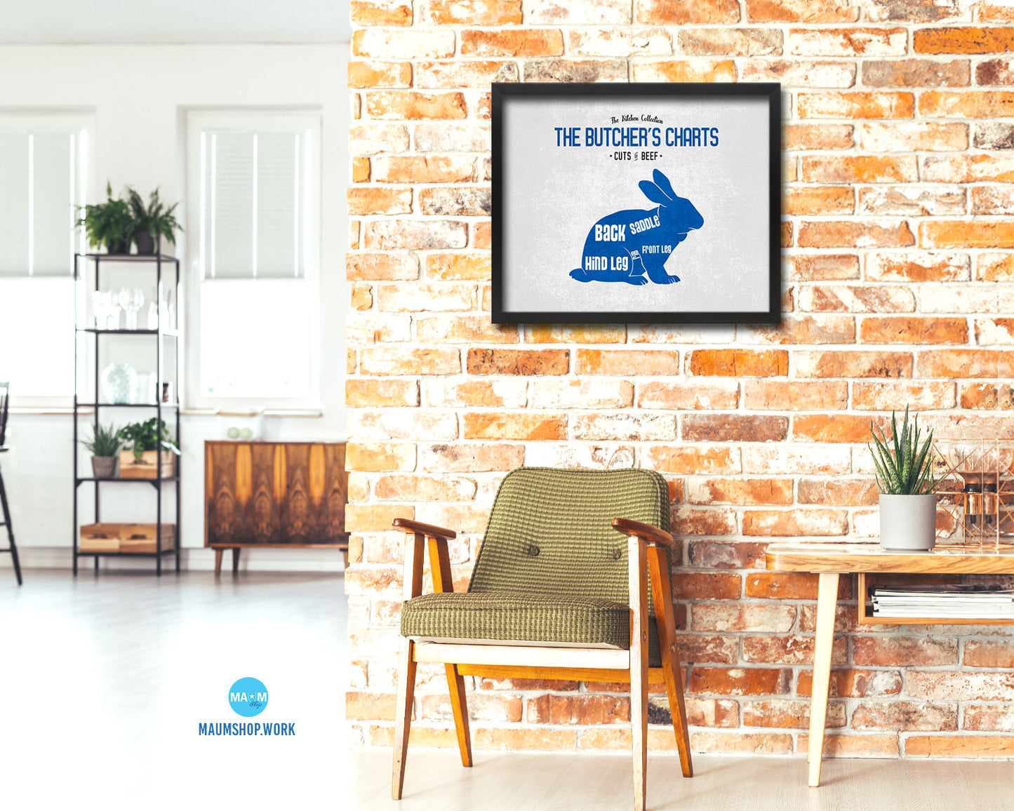 Rabbit  Meat Cuts Butchers Chart Wood Framed Paper Print Home Decor Wall Art Gifts