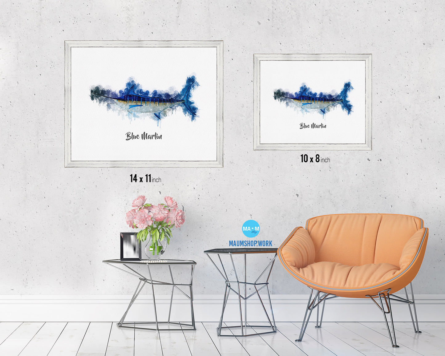 Blue Marlin Fish Framed Prints Modern Restaurant Sushi Bar Watercolor Wall Art Decor