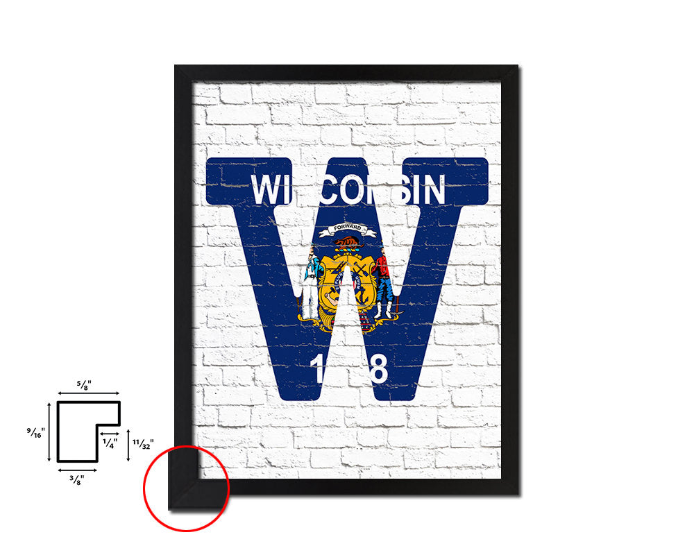 Wisconsin State Initial Flag Wood Framed Paper Print Decor Wall Art Gifts, Brick