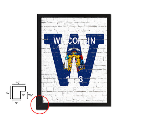 Wisconsin State Initial Flag Wood Framed Paper Print Decor Wall Art Gifts, Brick