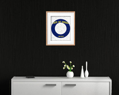 Oregon State Initial Flag Wood Framed Paper Print Decor Wall Art Gifts, Brick