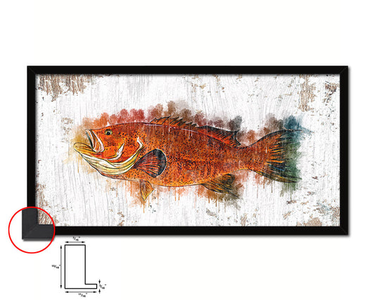 Red Grouper Fish Art Wood Frame Shabby Chic Restaurant Sushi Wall Decor Gifts, 10" x 20"