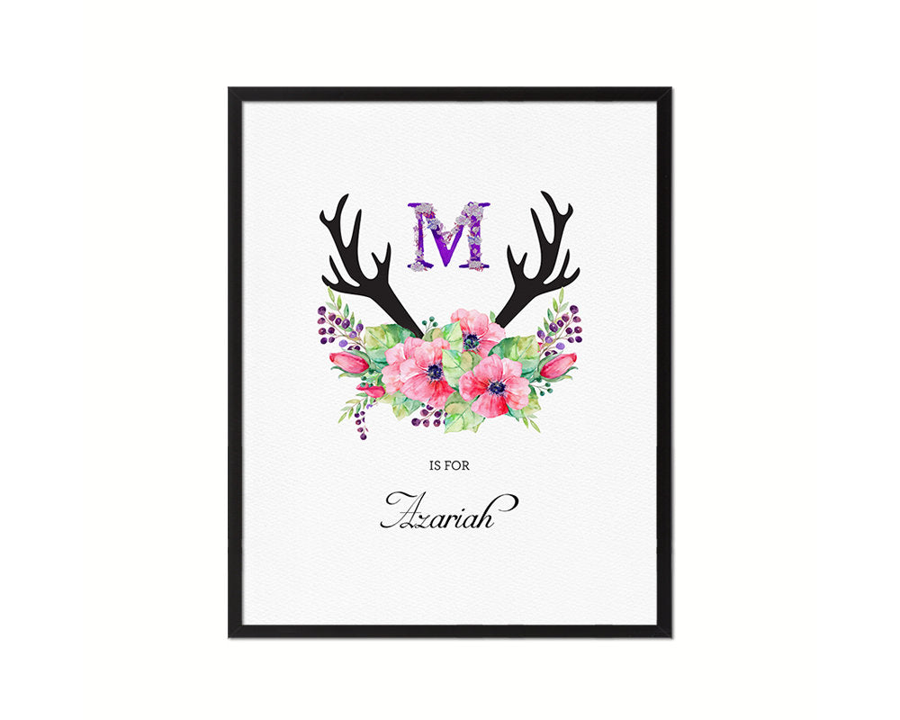 Initial Letter M Watercolor Floral Boho Monogram Art Framed Print Baby Girl Room Wall Decor Gifts