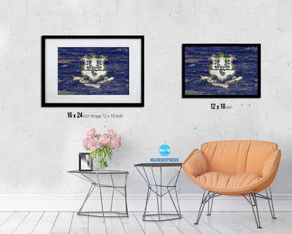 Connecticut State Rustic Flag Wood Framed Paper Prints Wall Art Decor Gifts