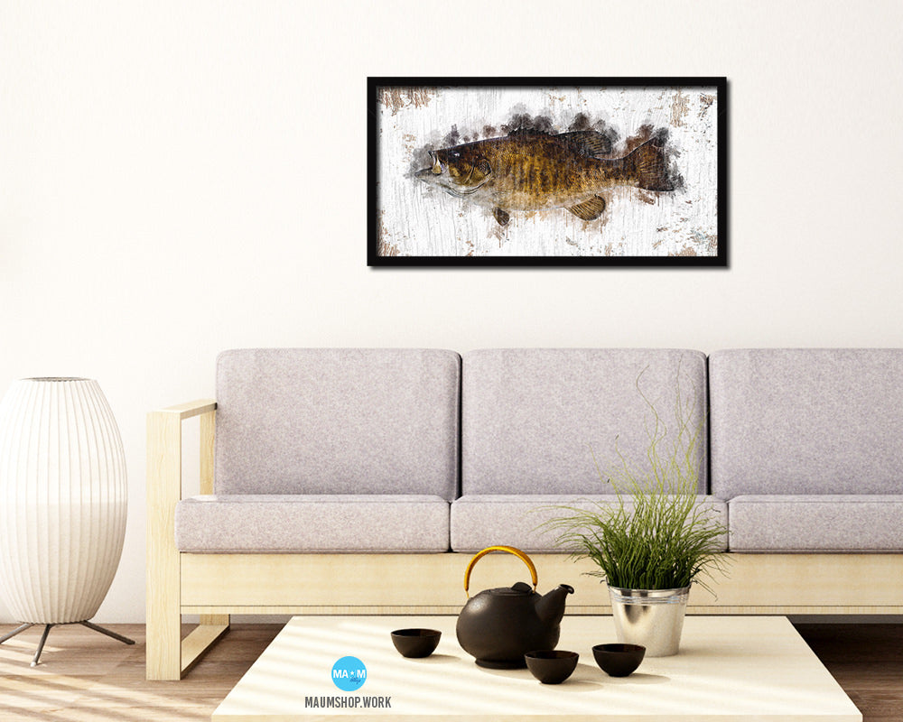 Smallmouth Bass Fish Art Wood Frame Shabby Chic Restaurant Sushi Wall Decor Gifts, 10" x 20"