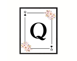 Letter Q Personalized Boho Monogram Spade Card Decks Framed Print Wall Art Decor Gifts