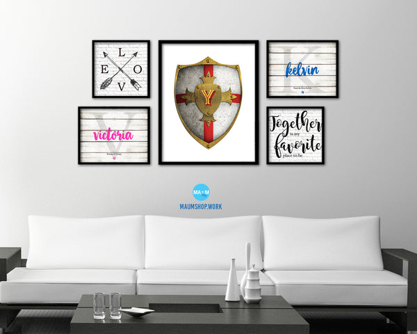 Letter Y Medieval Castle Knight Shield Monogram Framed Print Wall Art Decor Gifts