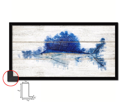 Sailfish Fish Art Wood Framed White Wash Restaurant Sushi Wall Decor Gifts, 10" x 20"