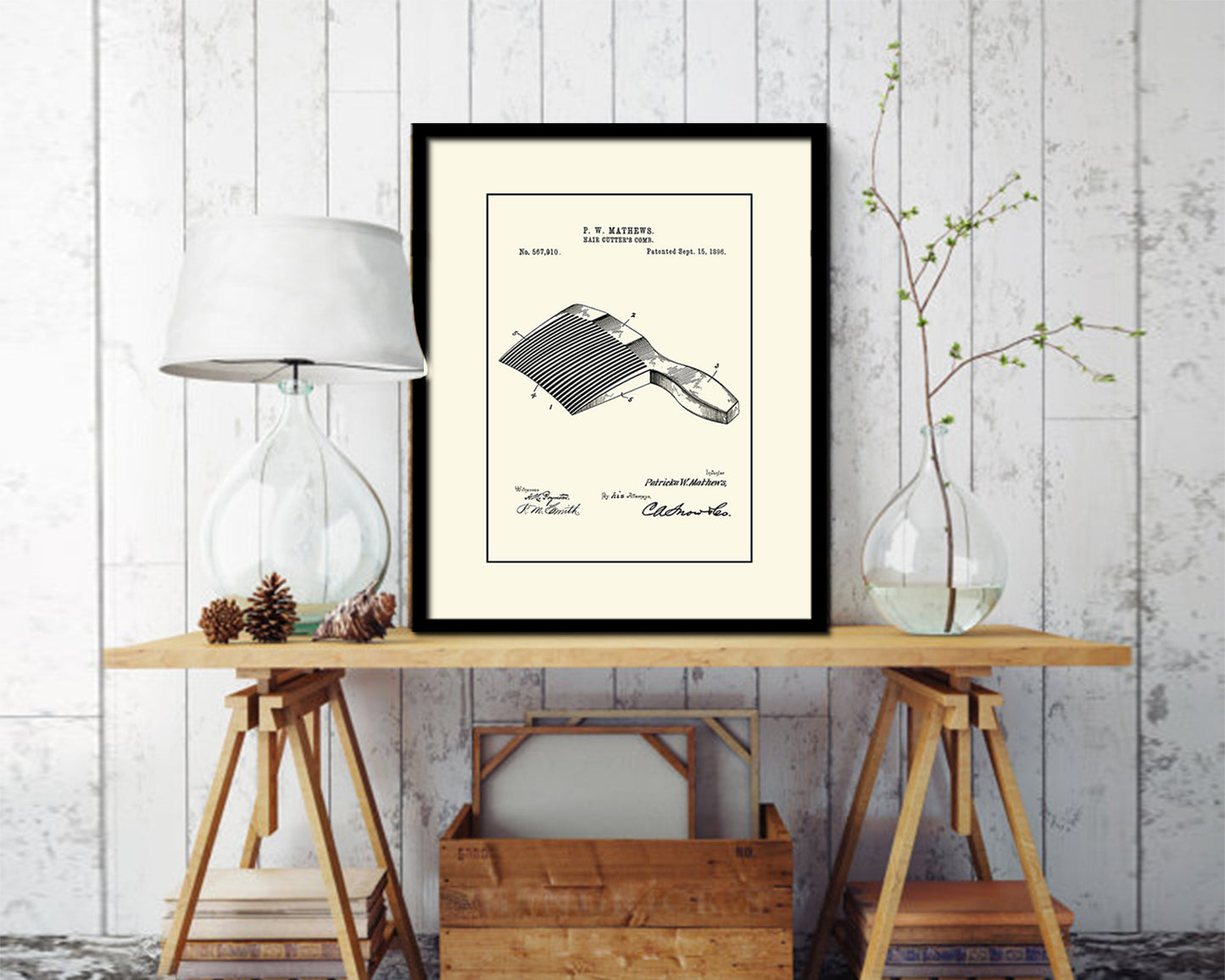 Hair Cutter's Comb Barbershop Vintage Patent Artwork Black Frame Print Wall Art Decor Gifts