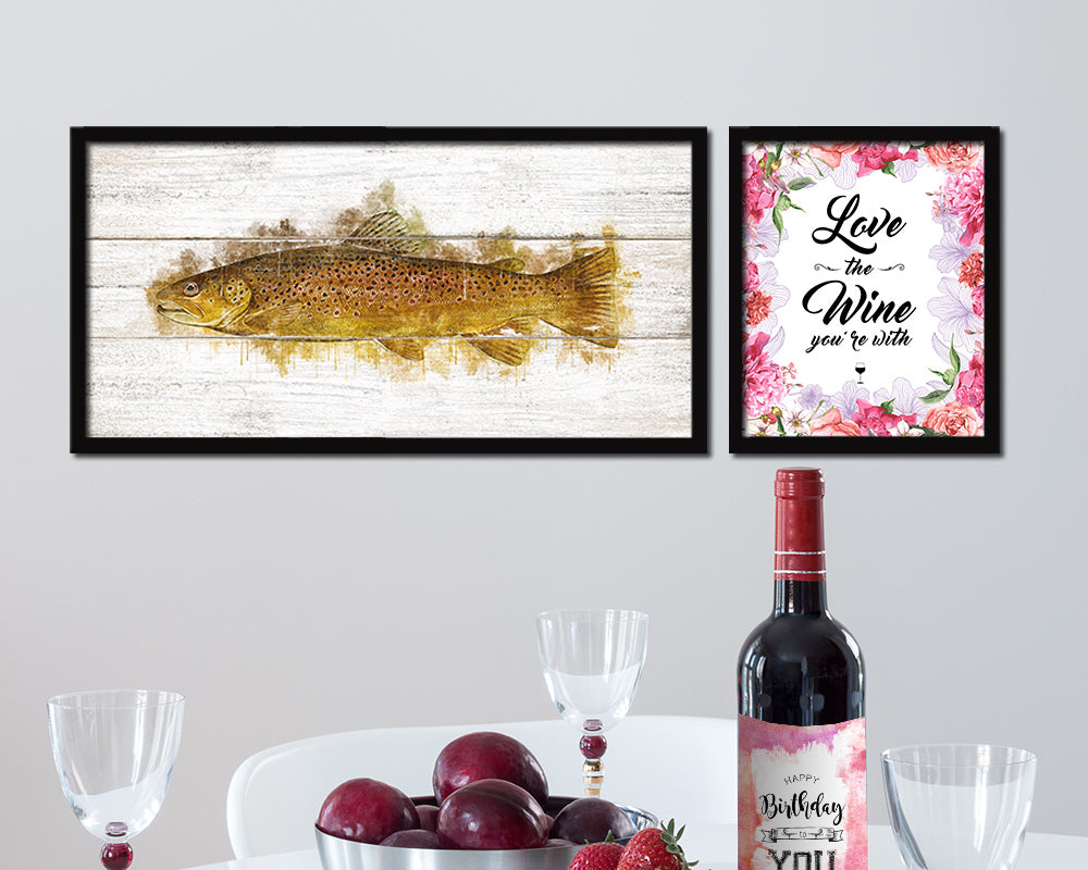 Brown Trout Fish Art Wood Framed White Wash Restaurant Sushi Wall Decor Gifts, 10" x 20"