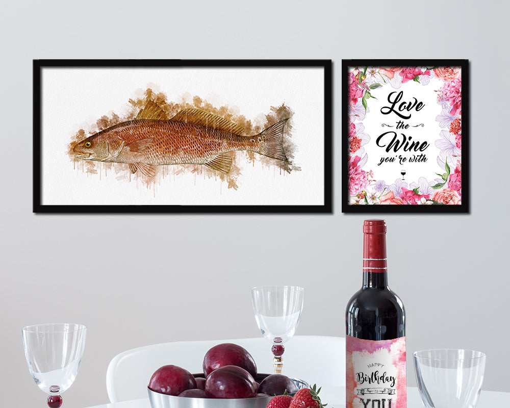 Red Drum Fish Art Wood Frame Modern Restaurant Sushi Wall Decor Gifts, 10" x 20"