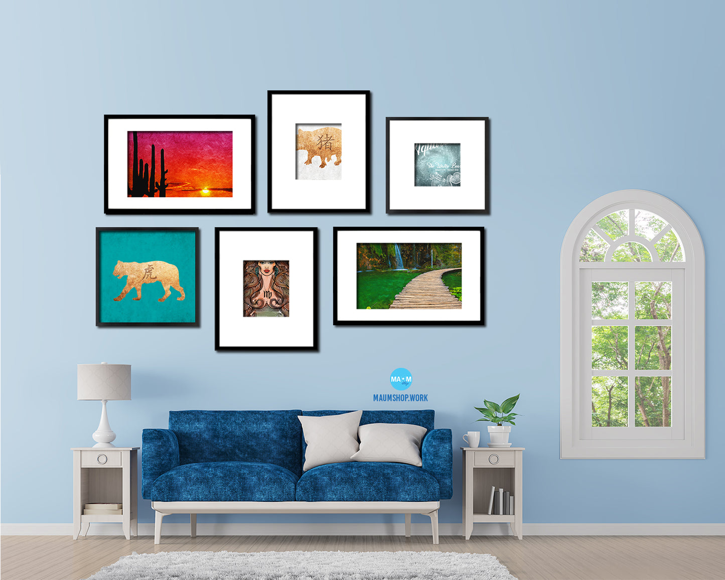 Tiger Chinese Zodiac Character Wood Framed Print Wall Art Decor Gifts, Aqua