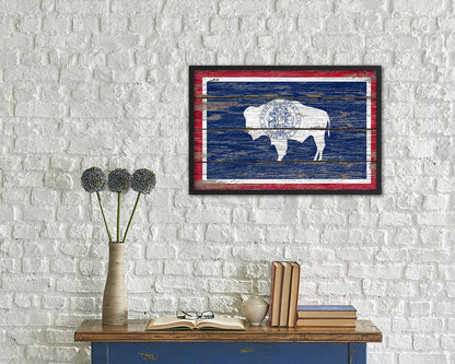 Wyoming State Rustic Flag Wood Framed Paper Prints Wall Art Decor Gifts