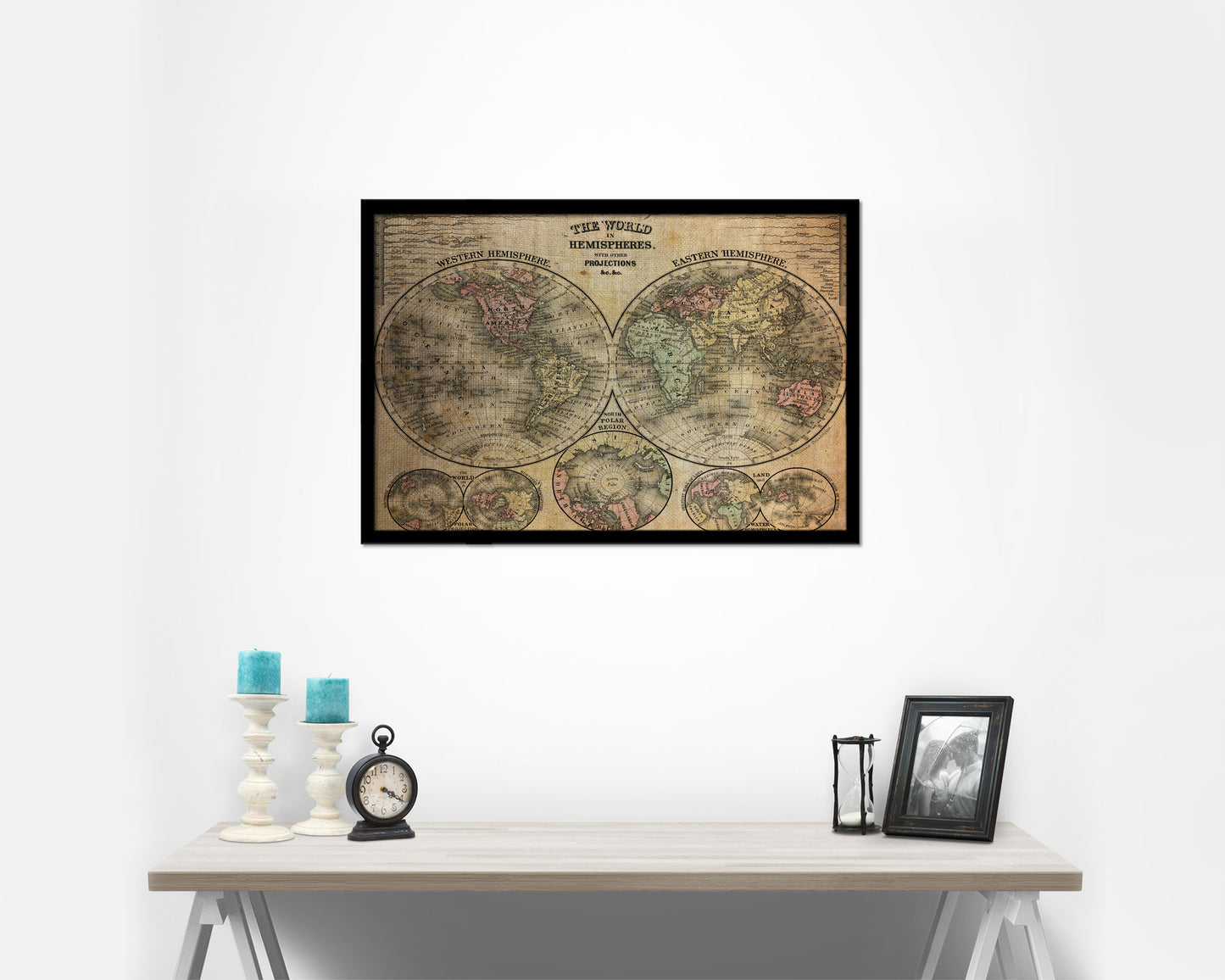 World Hemispheres 1870 Vintage Map Framed Print Art Wall Decor Gifts