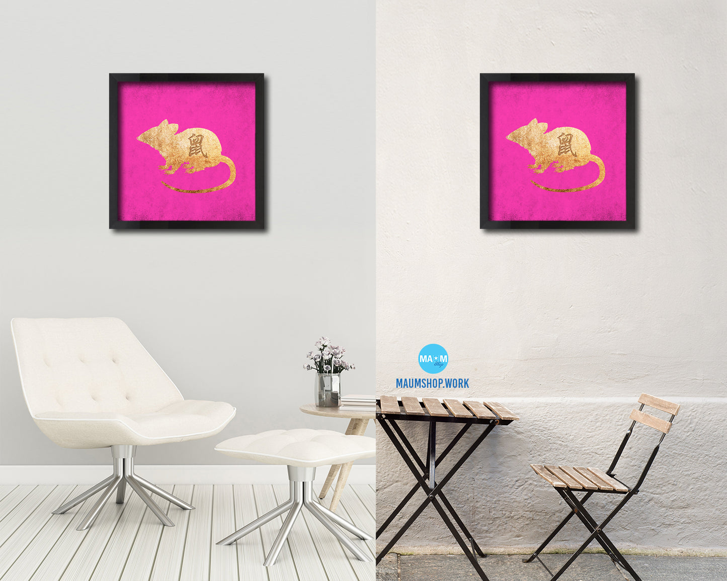 Rat Chinese Zodiac Character Wood Framed Print Wall Art Decor Gifts, Pink
