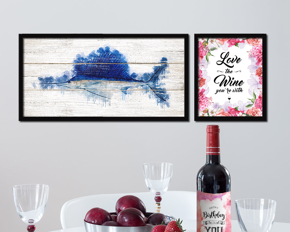Sailfish Fish Art Wood Framed White Wash Restaurant Sushi Wall Decor Gifts, 10" x 20"