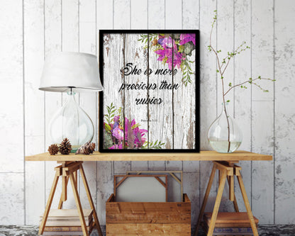 She is more precious than rubies, Proverbs 3:5 Quote Framed Print Home Decor Wall Art Gifts