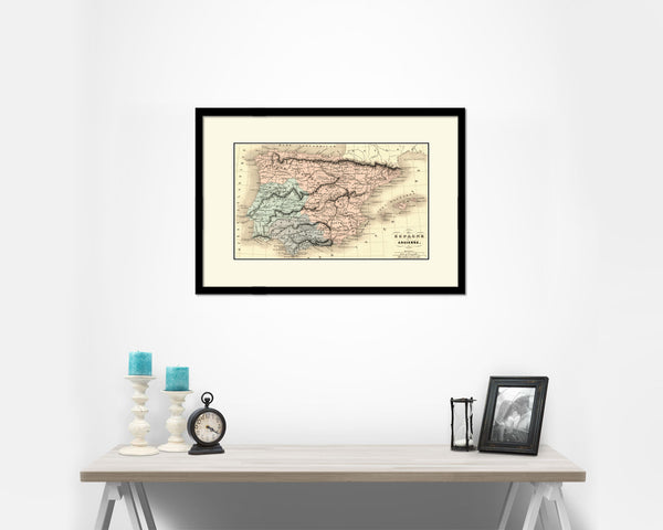 Spain and Portugal Old Map Framed Print Art Wall Decor Gifts