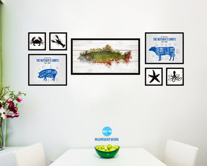 Brook Trout Fish Art Wood Framed White Wash Restaurant Sushi Wall Decor Gifts, 10" x 20"