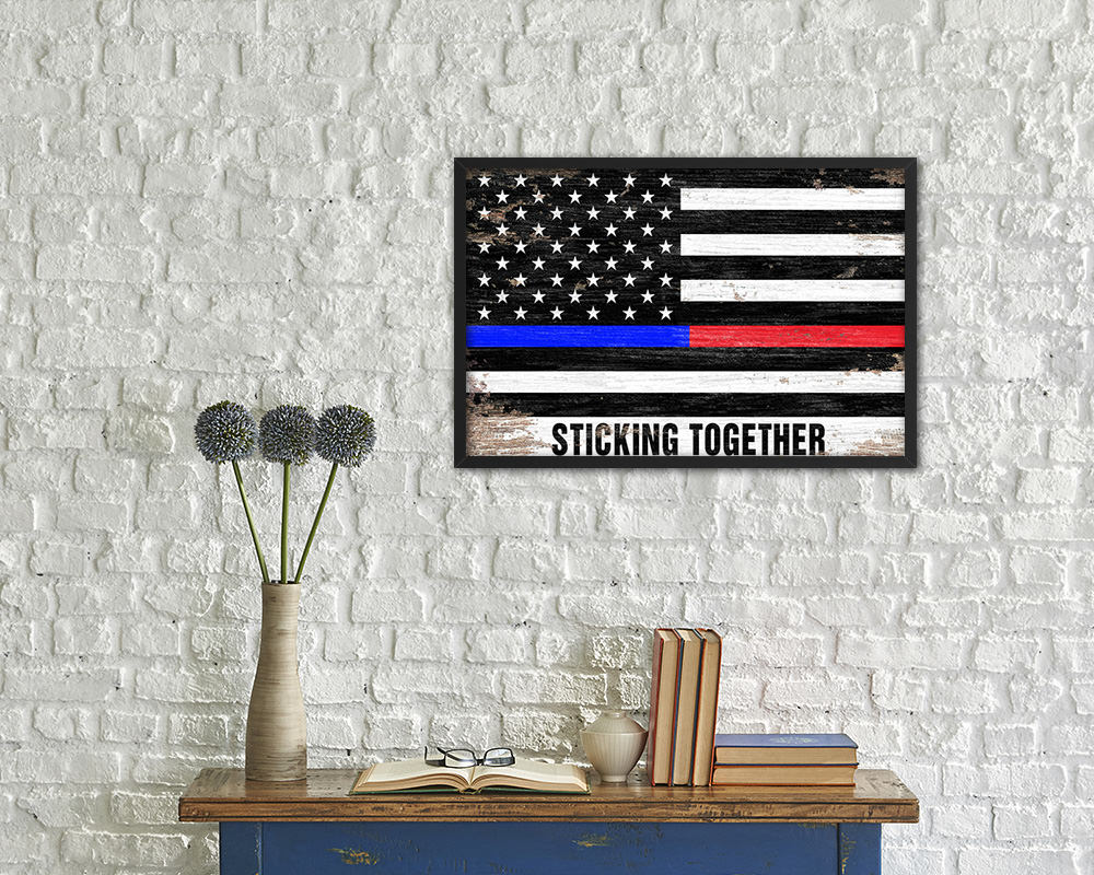 Thin Blue Line Police & Thin Red Line Firefighter Respect, Sticking Together Shabby Chic Military FlagArt